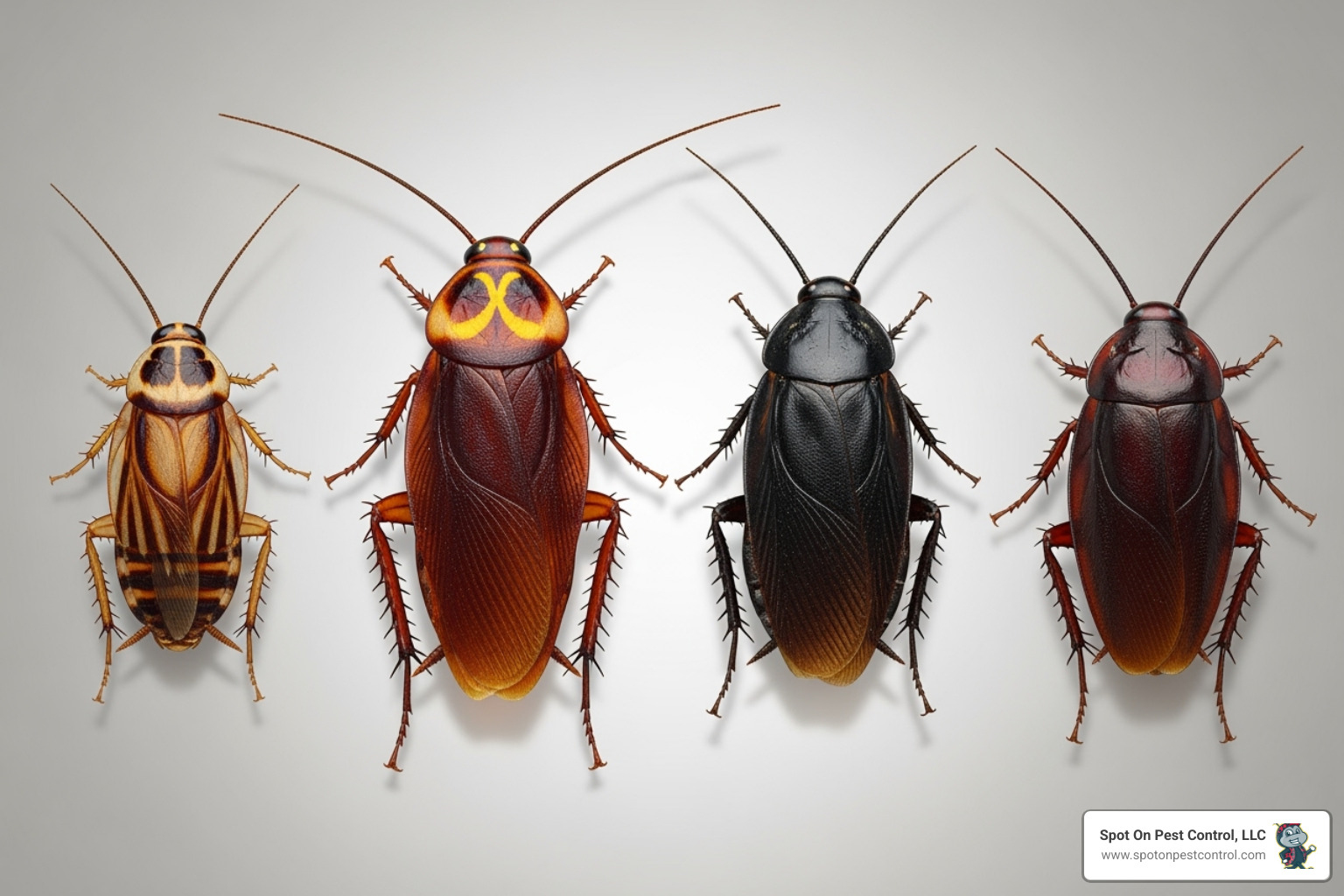 Four common cockroach species in Texas side-by-side for comparison: German cockroach, American cockroach, Oriental cockroach, and Smokybrown cockroach - cockroach removal lufkin tx Four common cockroach species in Texas side-by-side for comparison: German cockroach, American cockroach, Oriental cockroach, and Smokybrown cockroach - cockroach removal lufkin tx