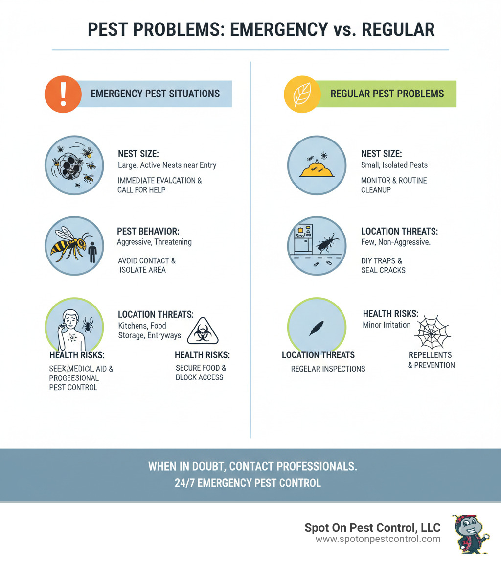 Infographic showing emergency pest situations vs regular pest problems, including visual indicators like nest size, pest behavior, location threats, and health risks with clear action steps for each scenario - emergency pest control diboll tx infographic 