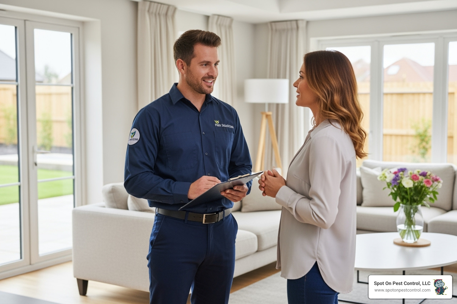 friendly, professional technician speaking with a homeowner - emergency pest control diboll tx