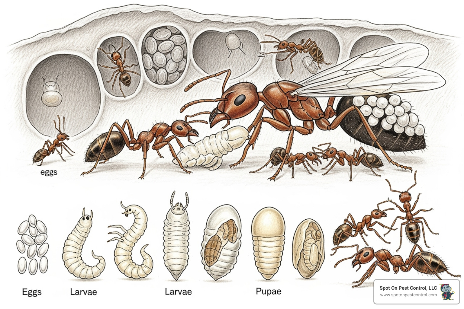 An illustration depicting the complete life cycle of a fire ant, from eggs and larvae to pupae and adult worker ants, with a queen ant in the background - yard fire ant control lufkin tx