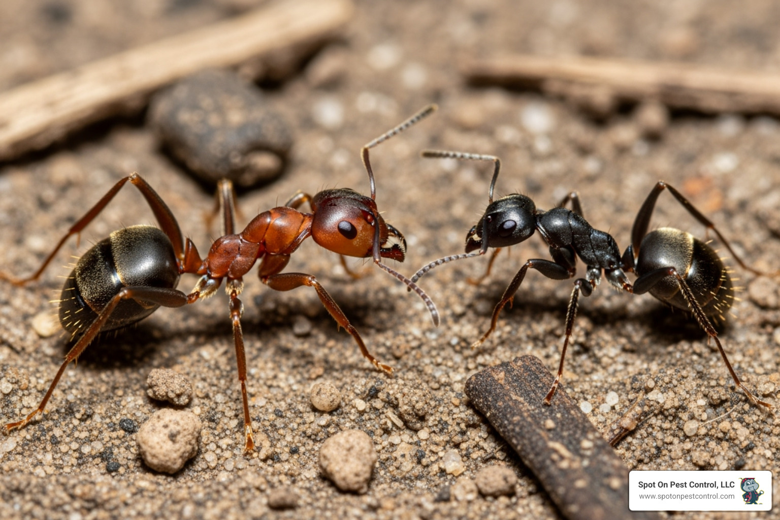 A close-up comparison of a Red Imported Fire Ant, identifiable by its reddish-brown body and darker abdomen, next to a common black ant - yard fire ant control lufkin tx
