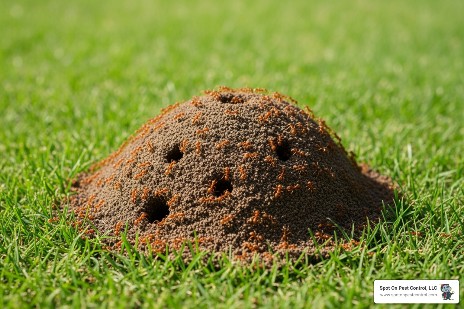 A classic fire ant mound in a lush green lawn, with worker ants visible on the surface - yard fire ant control lufkin tx