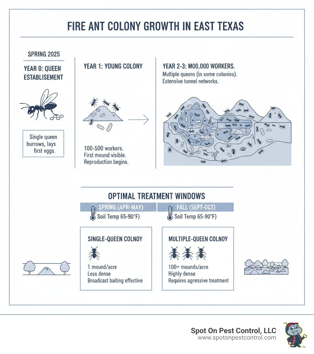 Infographic showing fire ant colony growth stages in East Texas climate, from initial queen establishment to mature colony with multiple mounds, including timeline of reproduction cycles, optimal treatment windows in spring and fall, and comparison of single-queen vs multiple-queen colony densities - yard fire ant control lufkin tx infographic 