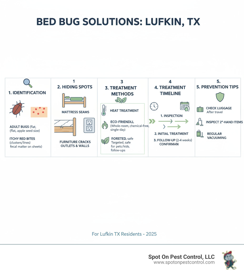 Infographic showing bed bug identification, common hiding spots in homes, professional treatment methods including heat and eco-friendly chemical options, treatment timeline from inspection to follow-up, and prevention tips for Lufkin TX residents - bed bug treatment lufkin tx infographic 