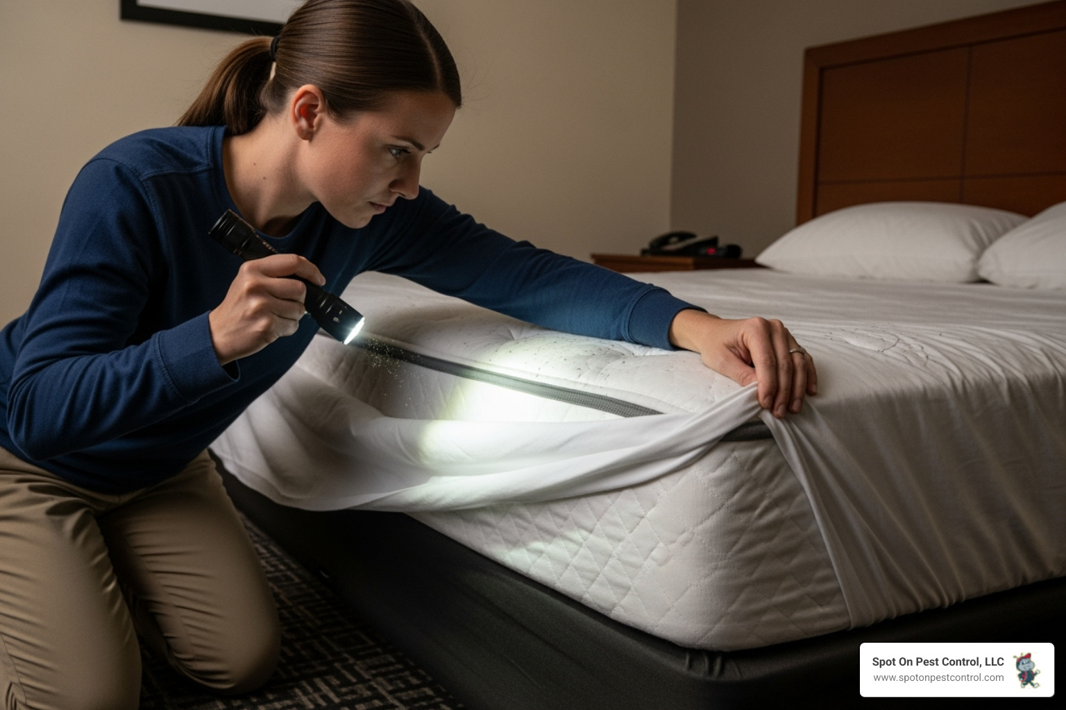 Person inspecting a hotel mattress with a flashlight - bed bug treatment lufkin tx