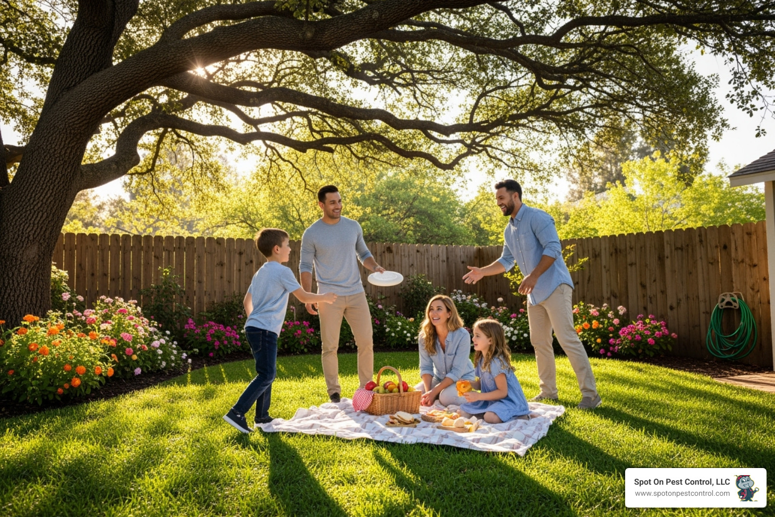 Family enjoying a fire-ant-free yard - fire ant control livingston tx
