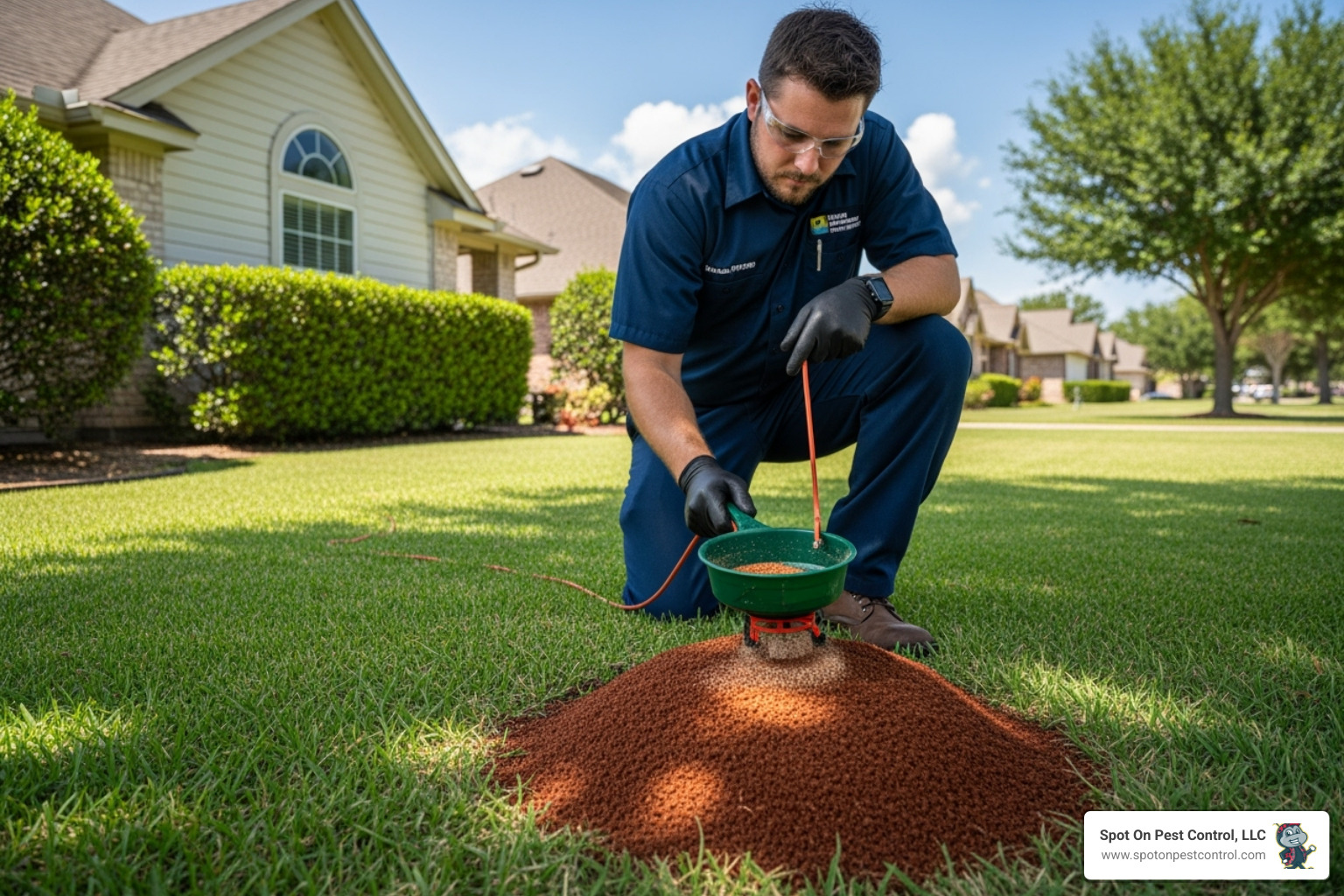Spot On Pest Control technician treating a fire ant mound - fire ant control livingston tx