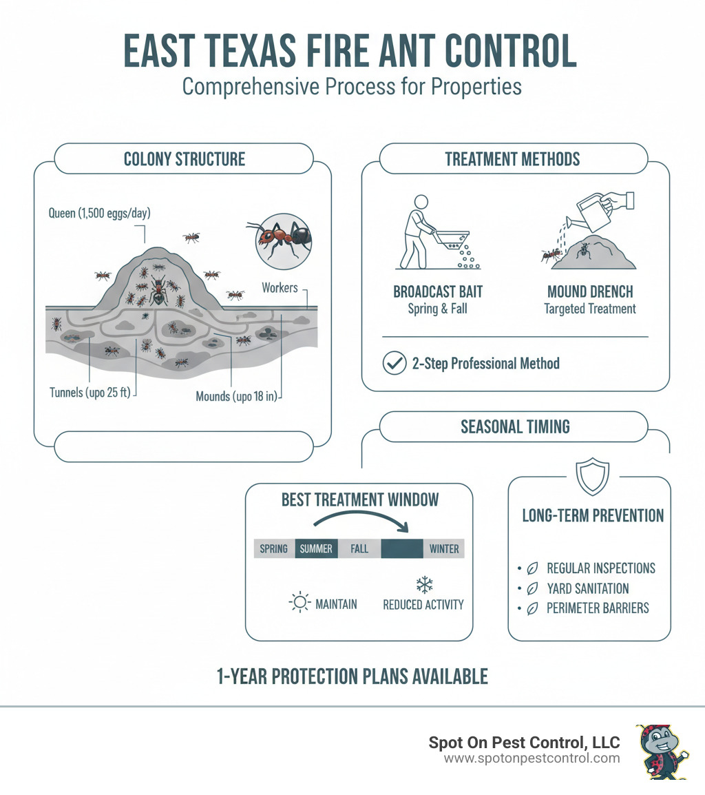 Comprehensive fire ant control process showing colony structure, treatment methods, seasonal timing, and long-term prevention strategies for East Texas properties - fire ant control livingston tx infographic 