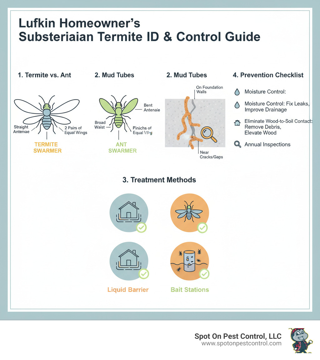 Comprehensive infographic showing subterranean termite identification guide for Lufkin homeowners, featuring side-by-side comparison of termite vs ant swarmers with labeled body parts, mud tube examples on foundation walls, treatment method comparison between liquid barriers and bait stations, and prevention checklist with moisture control and wood-to-soil contact elimination - subterranean termite control lufkin tx infographic 