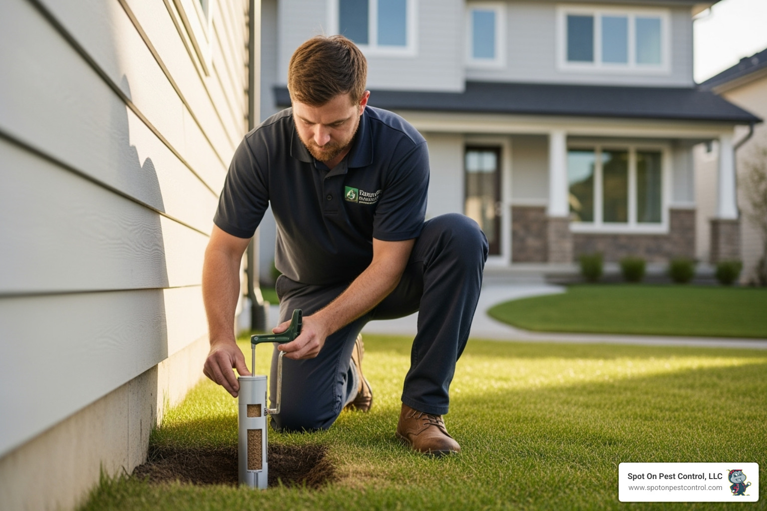 A pest control technician professionally installing a termite bait station near a home's perimeter. - subterranean termite control lufkin tx