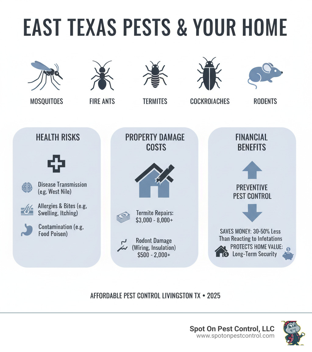 Infographic showing the most common East Texas pests including mosquitoes, fire ants, termites, cockroaches, and rodents, with statistics on health risks, property damage costs, and the financial benefits of preventive pest control versus reactive treatments - affordable pest control livingston tx infographic 
