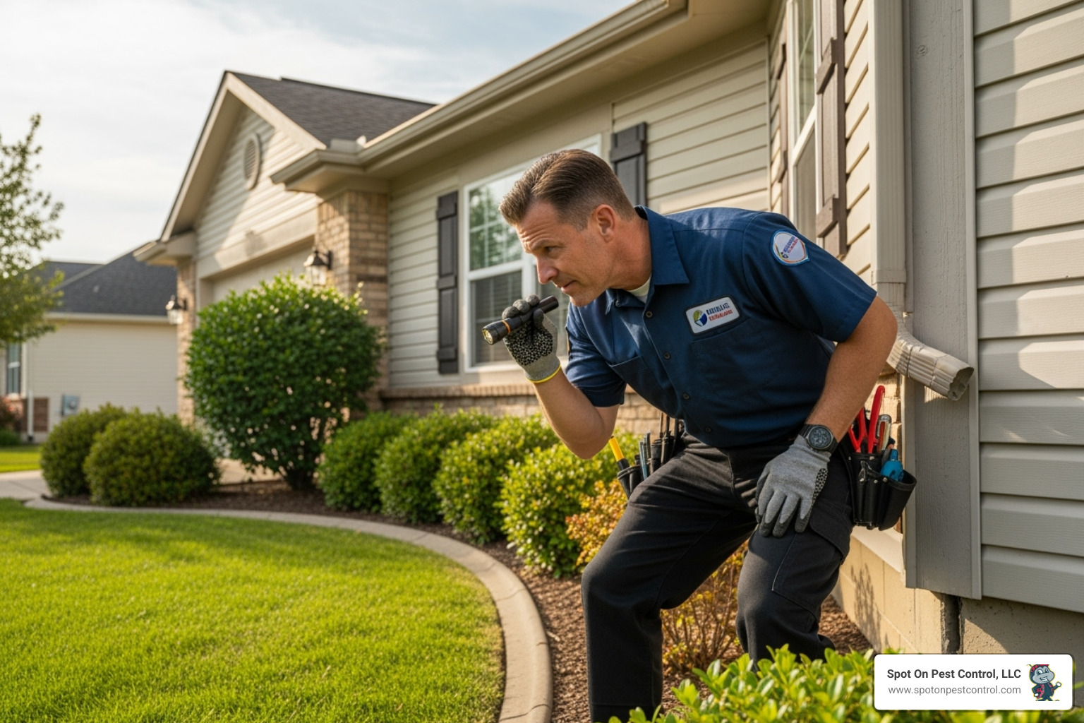 A Spot On Pest Control technician inspecting a home's exterior perimeter - pest control maintenance plan