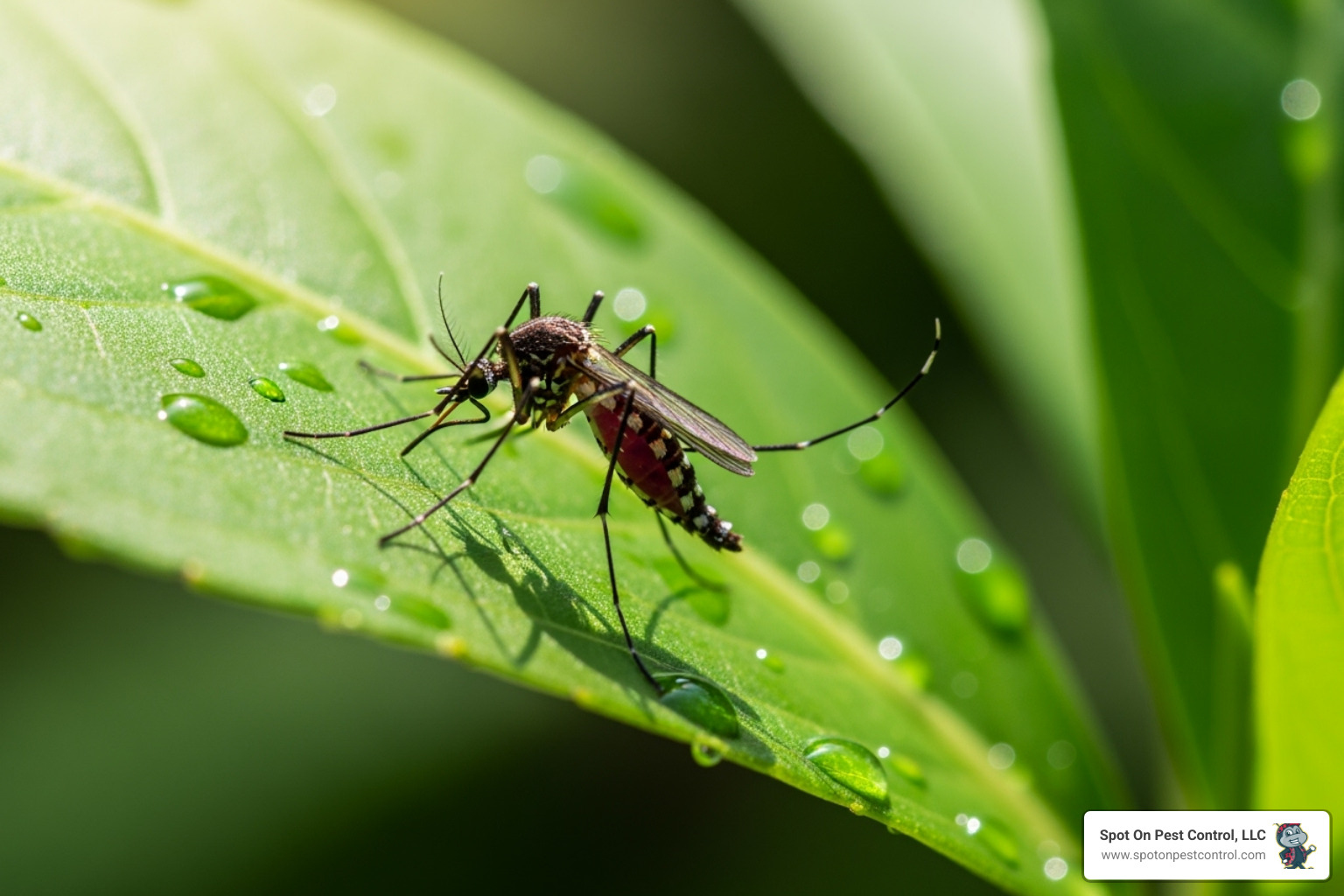 A mosquito on a leaf, representing seasonal pest threats - pest control maintenance plan