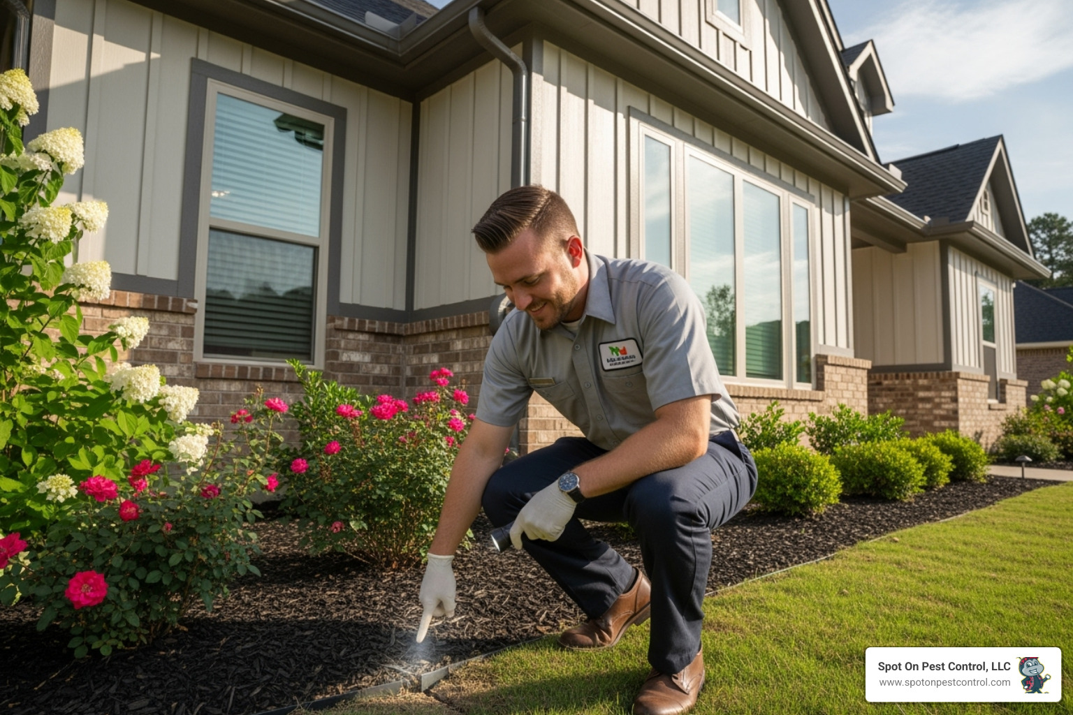 A friendly, professional pest control technician wearing a clean uniform is carefully inspecting the exterior foundation of a modern family home in Lufkin, TX, with a well-maintained garden in the foreground. - pest control lufkin tx A friendly, professional pest control technician wearing a clean uniform is carefully inspecting the exterior foundation of a modern family home in Lufkin, TX, with a well-maintained garden in the foreground. - pest control lufkin tx