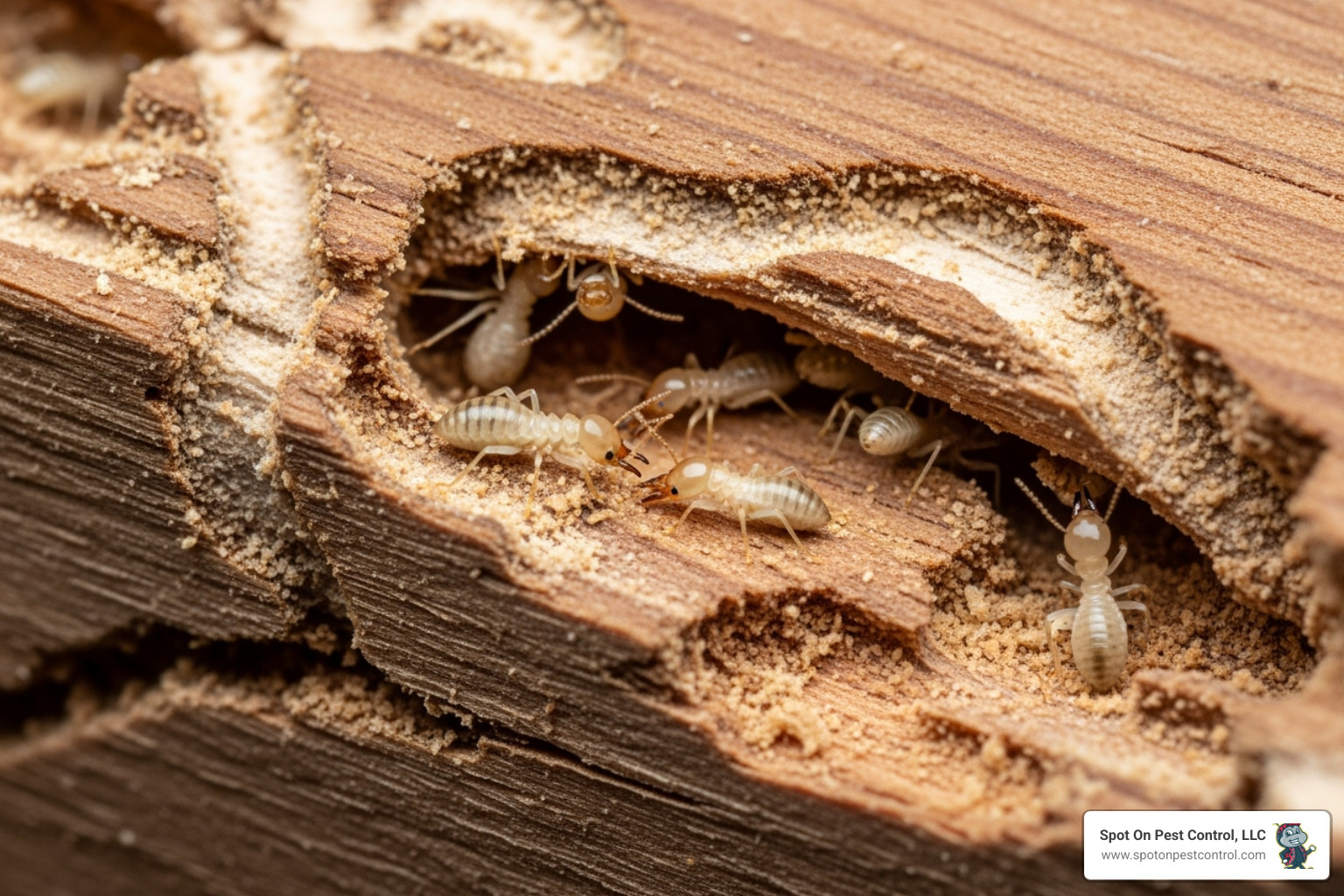 A close-up image of termites actively damaging a wooden beam, illustrating the destructive power of these pests. - pest control lufkin tx A close-up image of termites actively damaging a wooden beam, illustrating the destructive power of these pests. - pest control lufkin tx