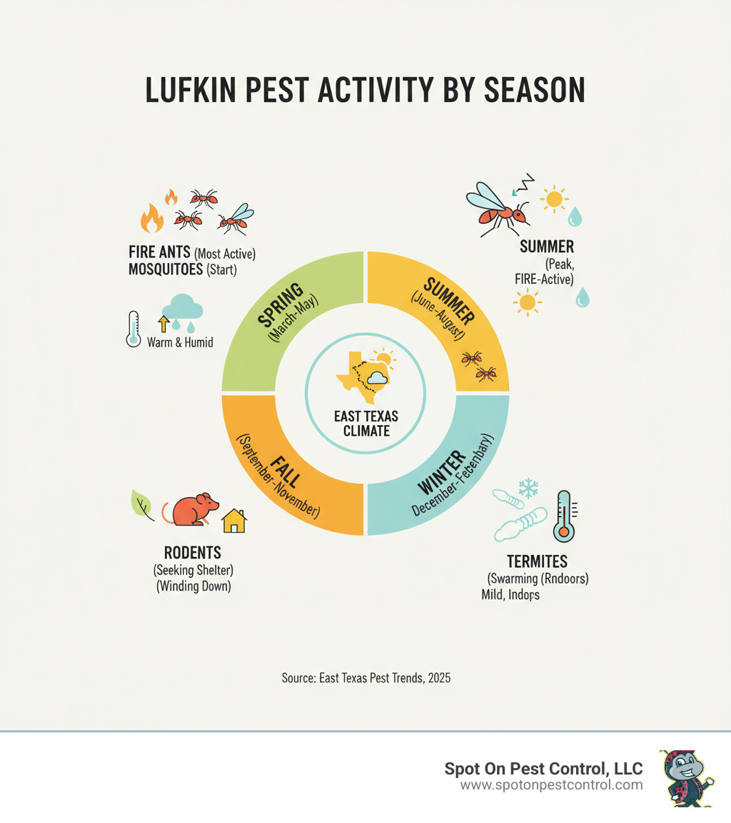 Comprehensive infographic showing common Lufkin pests by season: mosquitoes active March-October, termites swarming January-February, rodents seeking shelter November-December, fire ants most active in spring and summer, with temperature and humidity indicators for East Texas climate - pest control lufkin tx infographic  Comprehensive infographic showing common Lufkin pests by season: mosquitoes active March-October, termites swarming January-February, rodents seeking shelter November-December, fire ants most active in spring and summer, with temperature and humidity indicators for East Texas climate - pest control lufkin tx infographic