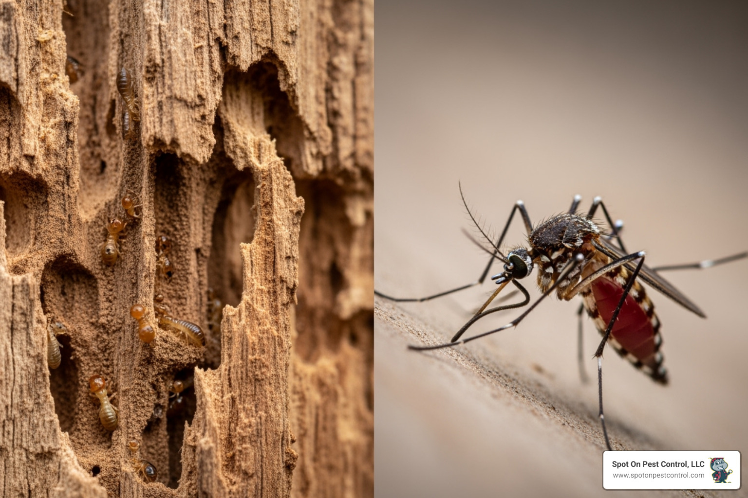 termite-damaged wood next to an image of a mosquito - pest control huntington tx termite-damaged wood next to an image of a mosquito - pest control huntington tx