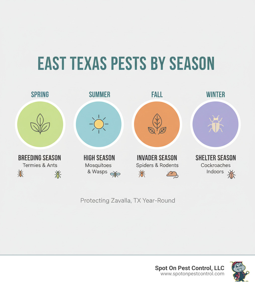 Infographic showing the most common East Texas pests by season: Spring breeding season with termites and ants, summer high season with mosquitoes and wasps, fall invader season with spiders and rodents, and winter shelter season with cockroaches seeking warmth indoors - pest control zavalla tx infographic  Infographic showing the most common East Texas pests by season: Spring breeding season with termites and ants, summer high season with mosquitoes and wasps, fall invader season with spiders and rodents, and winter shelter season with cockroaches seeking warmth indoors - pest control zavalla tx infographic