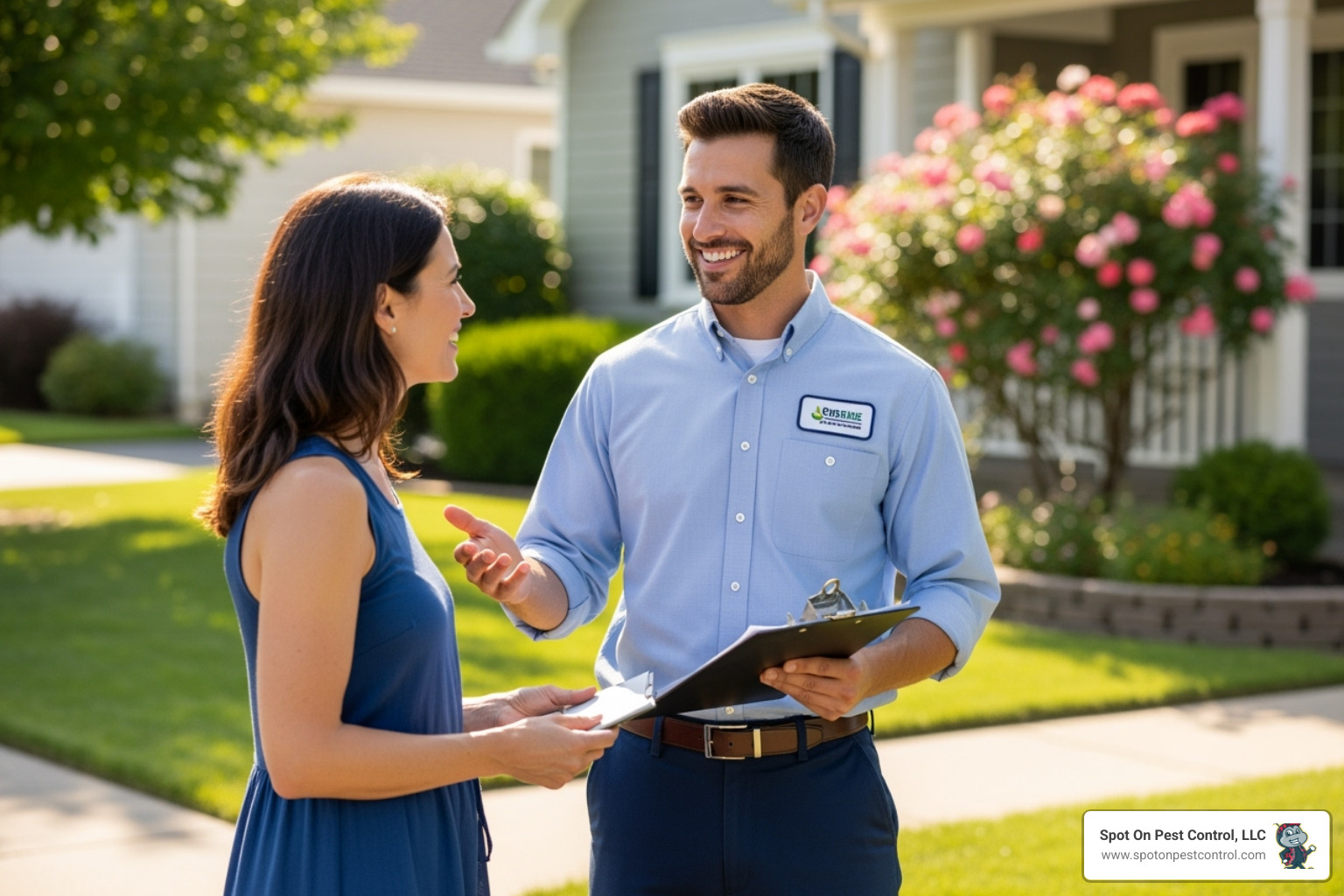 A friendly pest control professional in uniform smiling and speaking with a homeowner in front of their house - pest control zavalla tx A friendly pest control professional in uniform smiling and speaking with a homeowner in front of their house - pest control zavalla tx