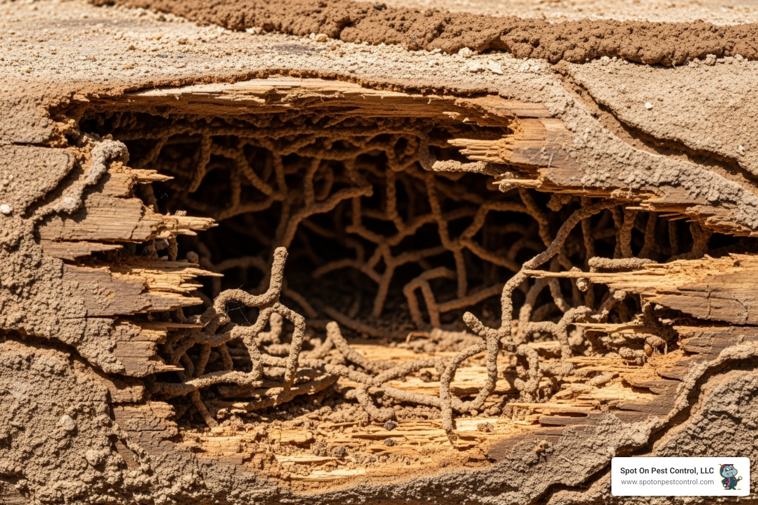 Termite damage to wood, showing hollowed-out sections and mud tubes - pest control zavalla tx Termite damage to wood, showing hollowed-out sections and mud tubes - pest control zavalla tx