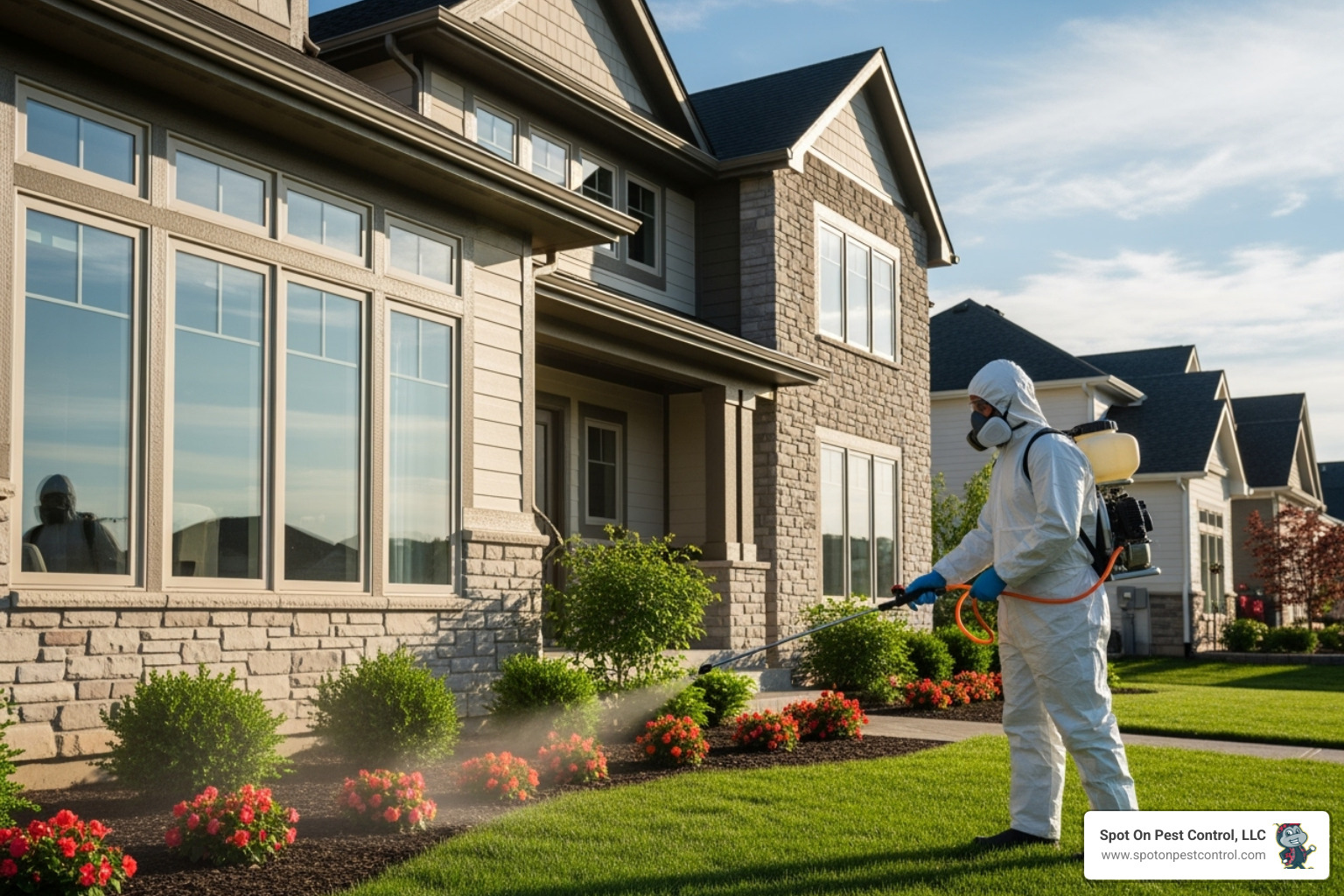 A professional pest control technician wearing protective gear, treating the exterior perimeter of a modern home - pest control zavalla tx A professional pest control technician wearing protective gear, treating the exterior perimeter of a modern home - pest control zavalla tx