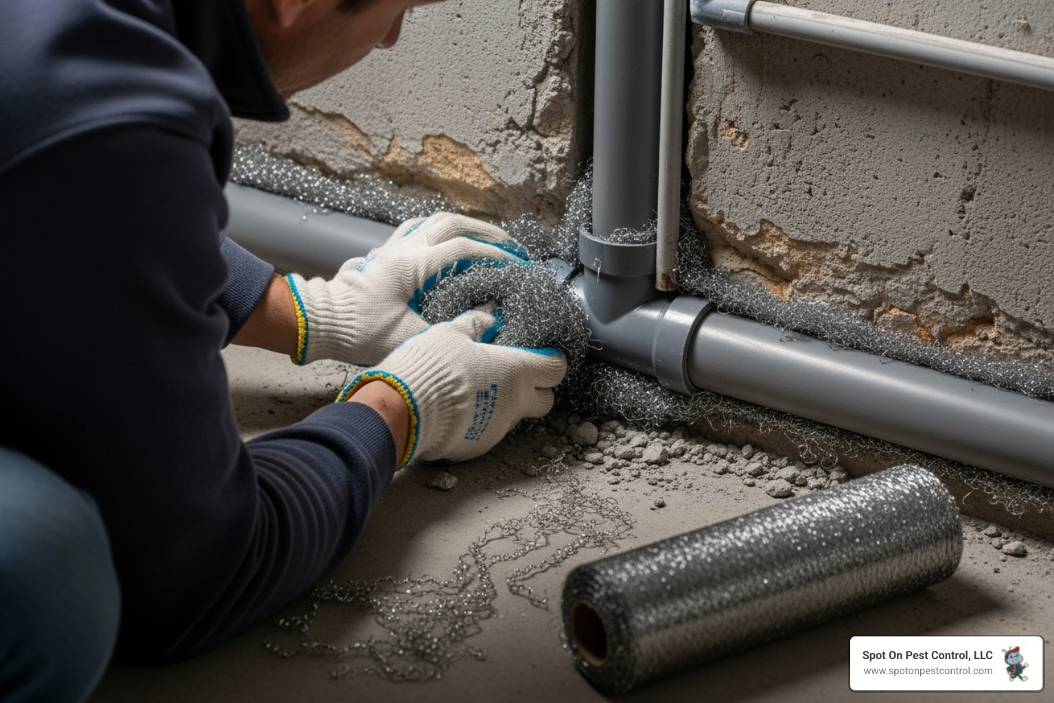 image of a person sealing a gap around a utility pipe with steel wool - rodent control lufkin tx image of a person sealing a gap around a utility pipe with steel wool - rodent control lufkin tx