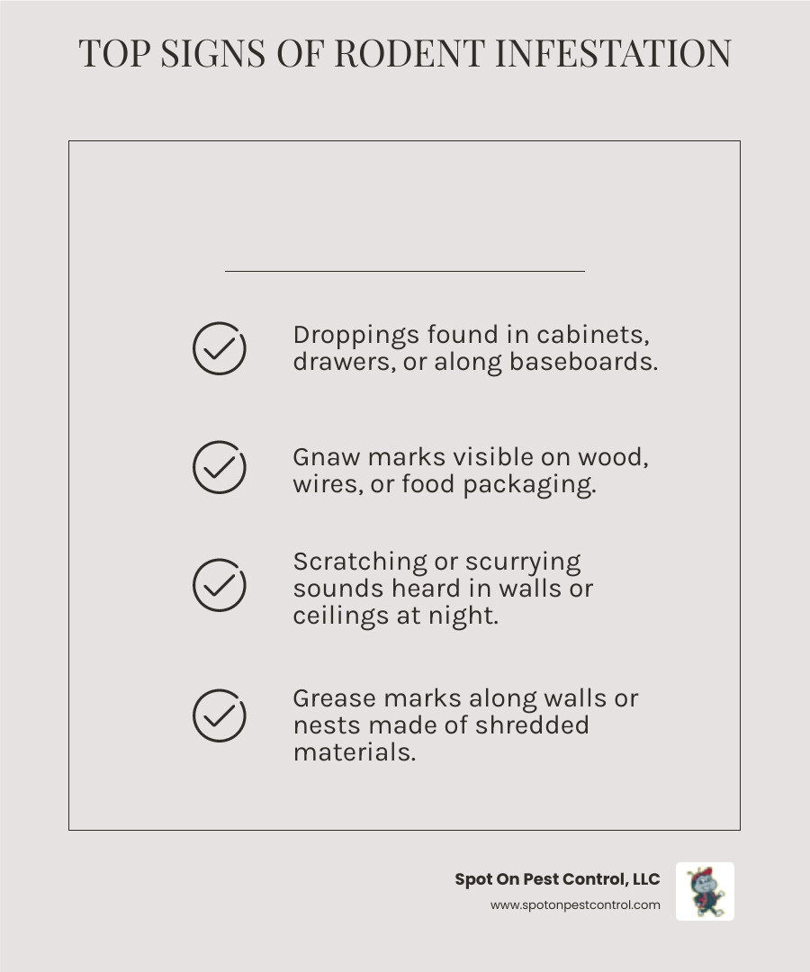 Infographic showing the top 5 signs of rodent infestation: 1) Droppings in cabinets, drawers, or along baseboards 2) Gnaw marks on wood, wires, or food packaging 3) Scratching or scurrying sounds in walls or ceilings at night 4) Grease marks along walls where rodents travel 5) Nests made of shredded paper, fabric, or insulation in hidden areas - rodent control lufkin tx infographic checklist-light-beige Infographic showing the top 5 signs of rodent infestation: 1) Droppings in cabinets, drawers, or along baseboards 2) Gnaw marks on wood, wires, or food packaging 3) Scratching or scurrying sounds in walls or ceilings at night 4) Grease marks along walls where rodents travel 5) Nests made of shredded paper, fabric, or insulation in hidden areas - rodent control lufkin tx infographic checklist-light-beige