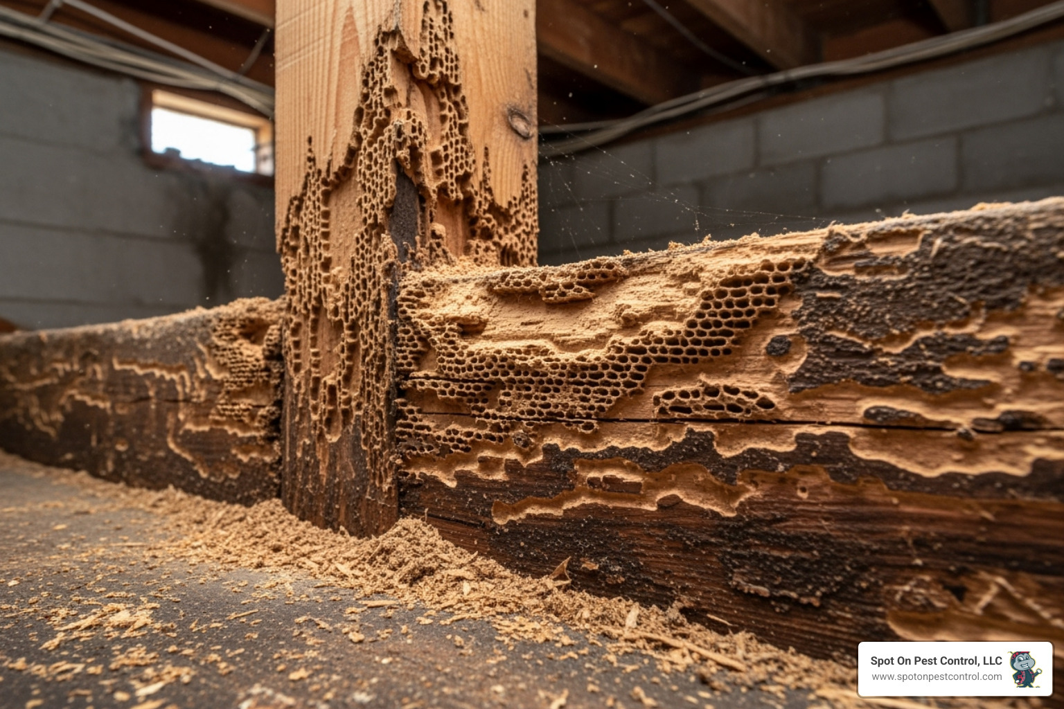 Termite damage to a wooden support beam - emergency pest control zavalla tx Termite damage to a wooden support beam - emergency pest control zavalla tx