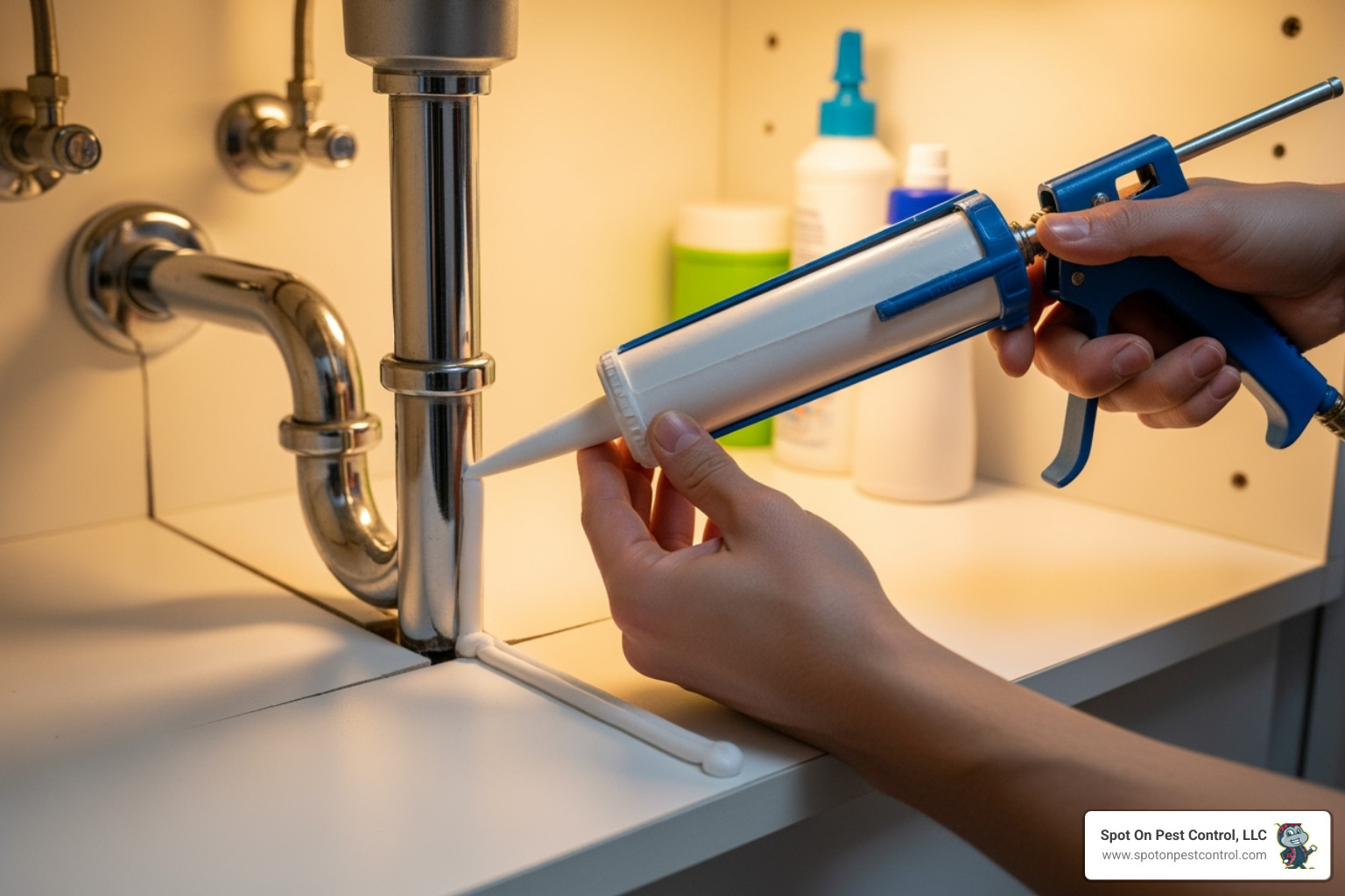 Person sealing a crack around a pipe under a sink - emergency pest control zavalla tx Person sealing a crack around a pipe under a sink - emergency pest control zavalla tx
