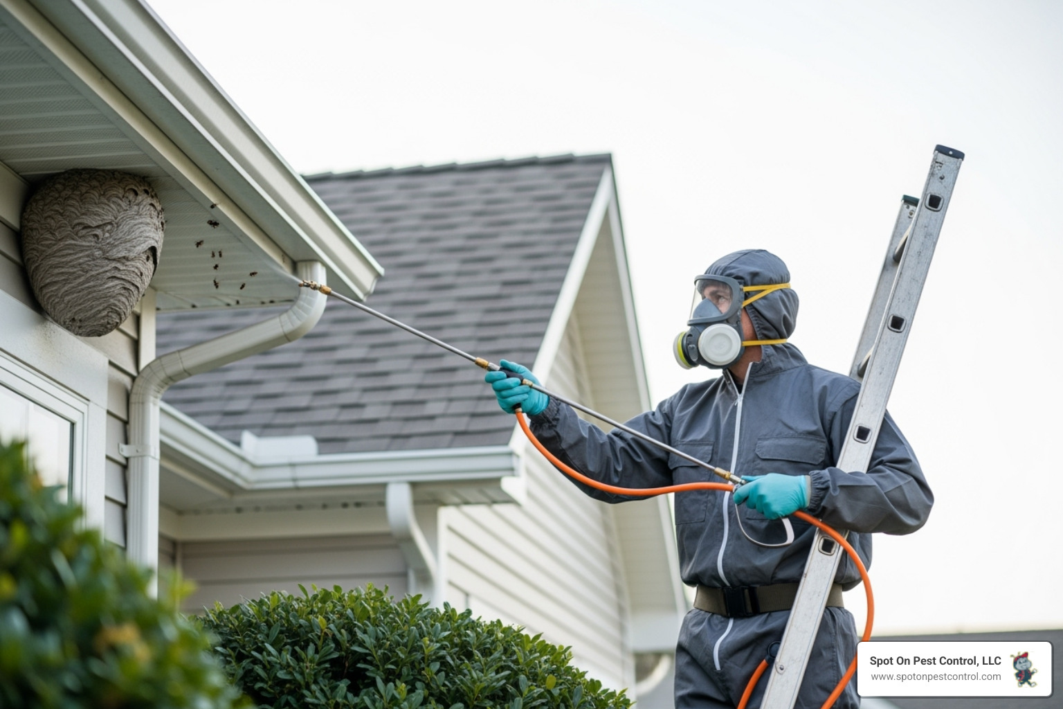 professional technician in protective gear safely treating a wasp nest - wasp removal lufkin tx