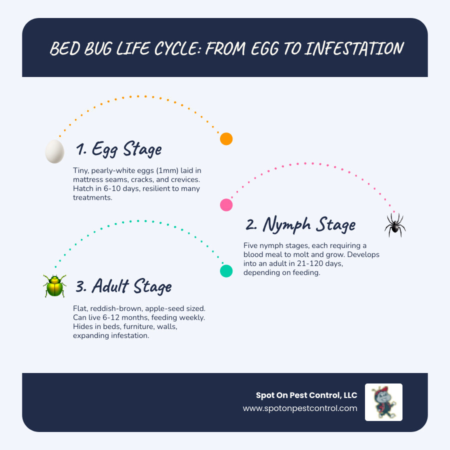 infographic showing bed bug life cycle from egg to adult including timeline and hiding spots in Lufkin homes - Show me companies that specialize in bed bug removal in Lufkin, TX. infographic infographic-line-3-steps-blues-accent_colors