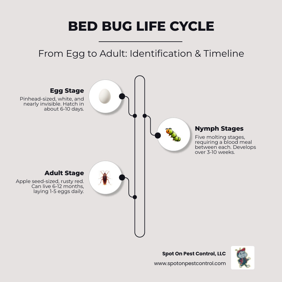 bed bug life cycle from egg to adult stages with timeline and identification tips - I need to find a bed bug exterminator in Lufkin, TX. Can you give me some options? infographic infographic-line-3-steps-elegant_beige