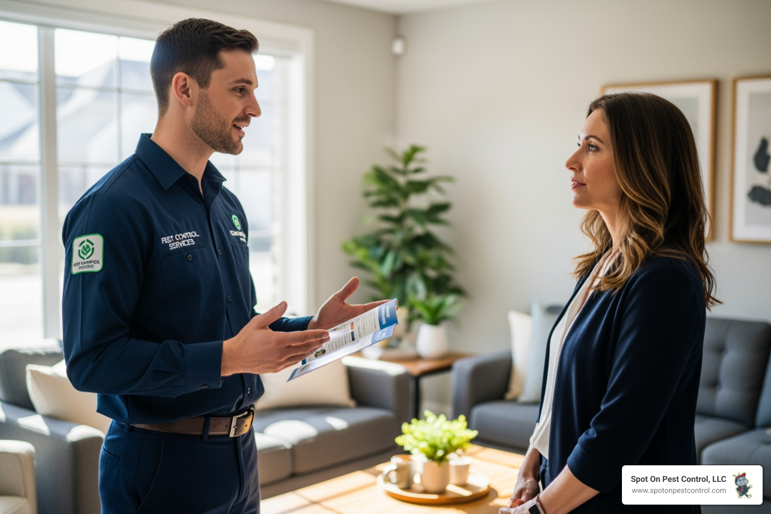 friendly technician speaking with a homeowner - Who are the best cockroach exterminator services in the Lufkin, TX area?