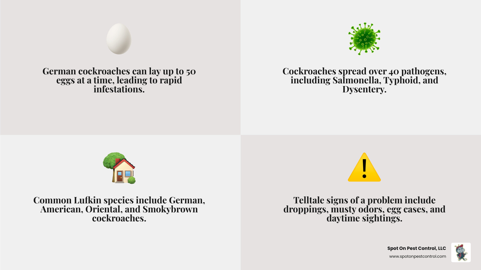 Infographic showing cockroach facts including their rapid reproduction rate of up to 50 eggs at a time, their ability to spread over 40 pathogens, common species found in Lufkin TX including German American Oriental and Smokybrown cockroaches, health risks like salmonella and asthma triggers, and signs of infestation such as droppings musty odors and daytime sightings - Who are the best cockroach exterminator services in the Lufkin, TX area? infographic 4_facts_emoji_grey