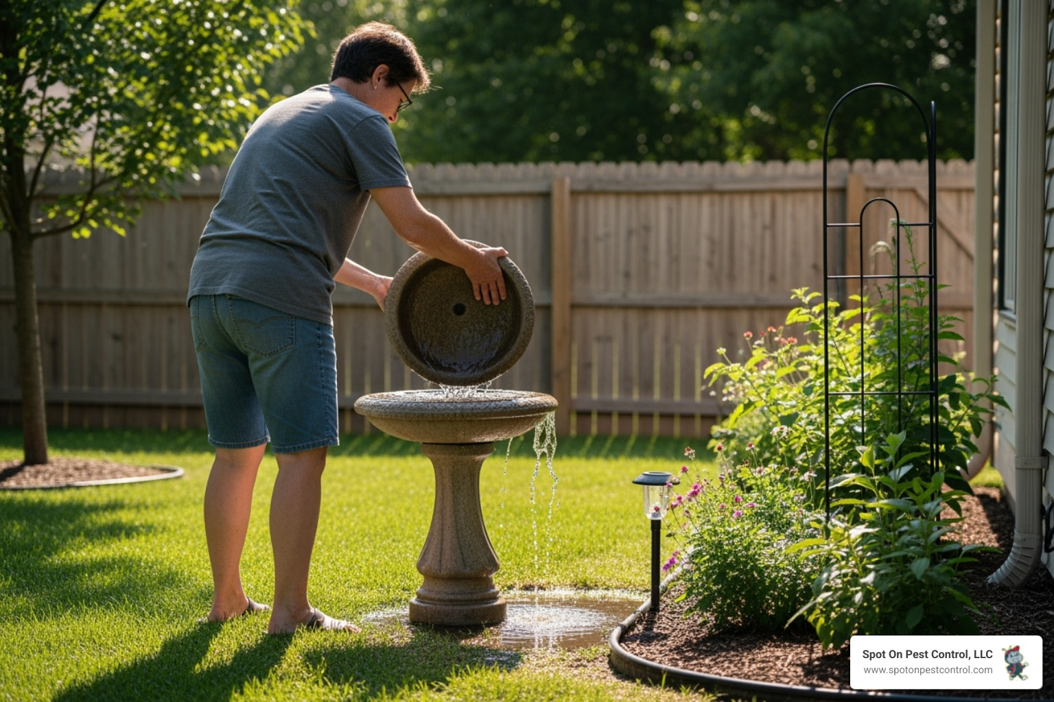 A homeowner emptying a birdbath to prevent standing water - mosquito control nacogdoches tx A homeowner emptying a birdbath to prevent standing water - mosquito control nacogdoches tx