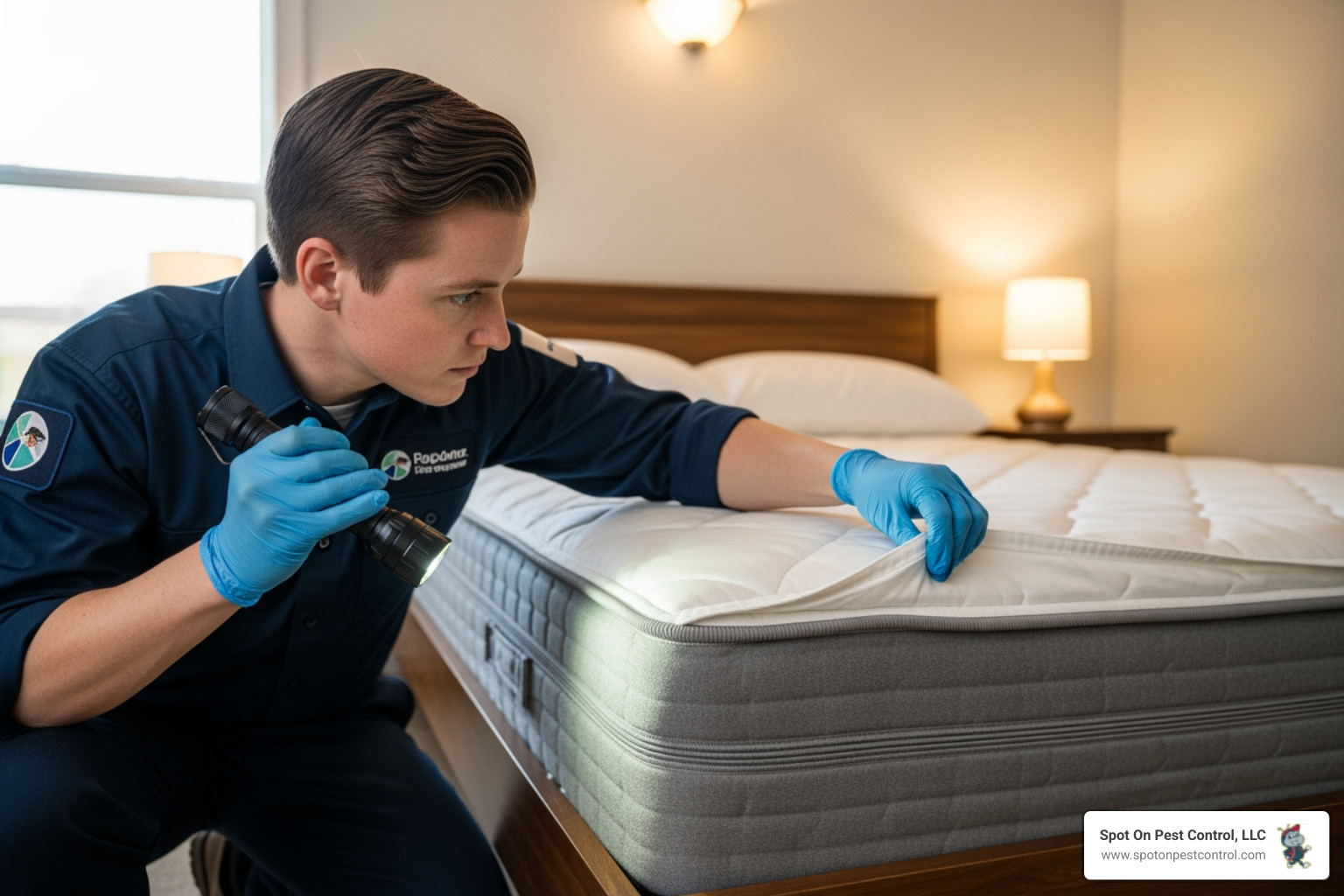 pest control technician inspecting a bedroom - bed bug removal nacogdoches tx pest control technician inspecting a bedroom - bed bug removal nacogdoches tx