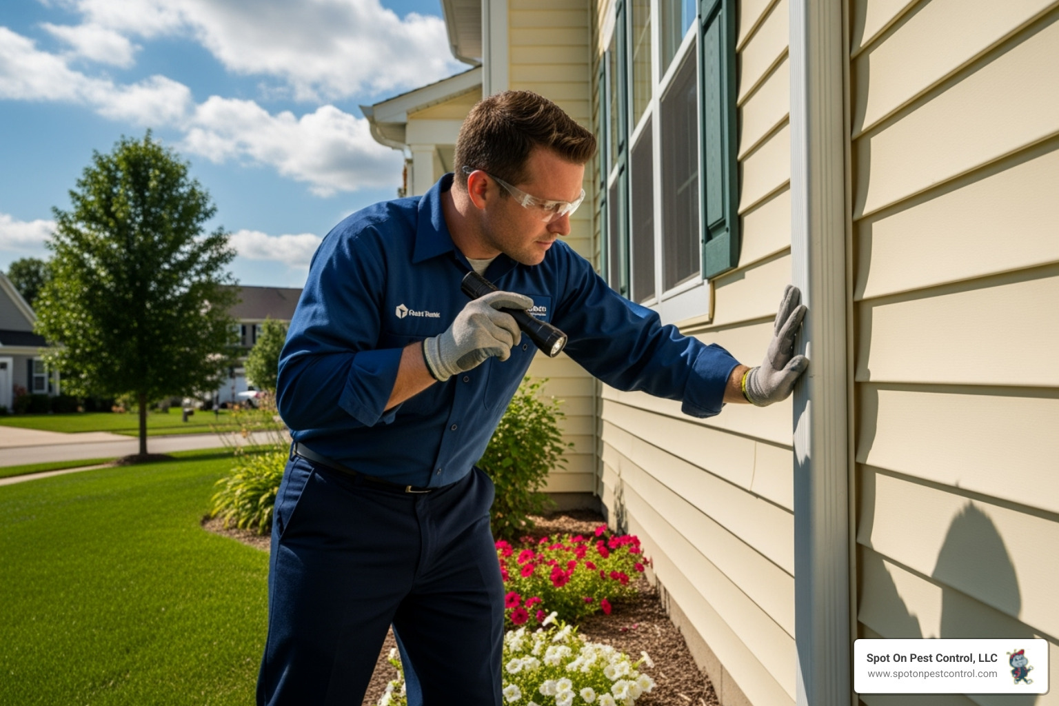 Spot On Pest Control technician inspecting a home's exterior - pest control diboll tx Spot On Pest Control technician inspecting a home's exterior - pest control diboll tx
