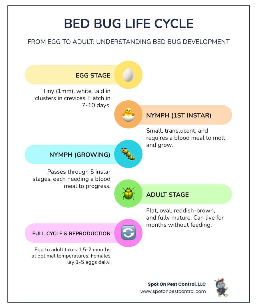 infographic showing bed bug life cycle stages from egg to adult, including nymph stages and feeding habits, with timeline of development from 7-10 days for eggs to hatch and 1.5-2 months from egg to adult at optimal temperatures - bed bug quote livingston tx infographic infographic-line-5-steps-colors infographic showing bed bug life cycle stages from egg to adult, including nymph stages and feeding habits, with timeline of development from 7-10 days for eggs to hatch and 1.5-2 months from egg to adult at optimal temperatures - bed bug quote livingston tx infographic infographic-line-5-steps-colors