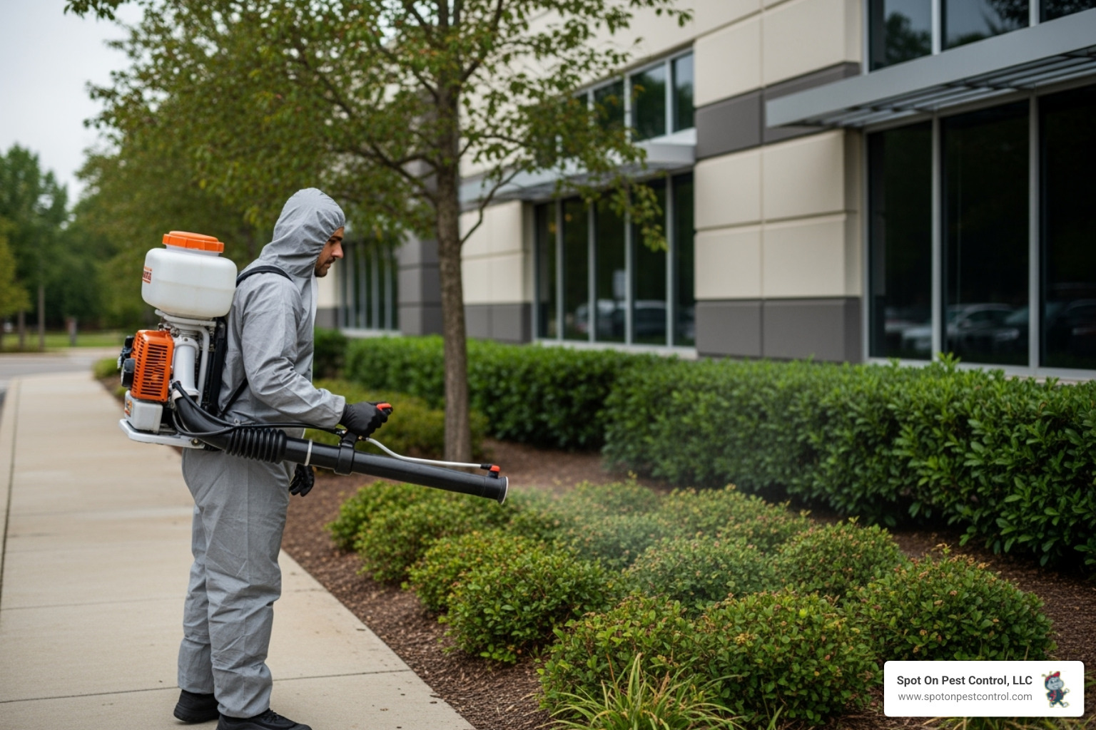 A technician treating the landscape around a commercial building with a mosquito control barrier spray. - commercial mosquito control lufkin tx