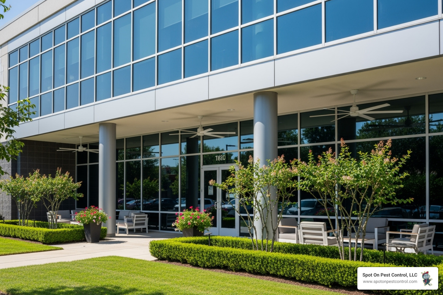 A commercial property with well-maintained landscaping and outdoor fans, creating a less hospitable environment for mosquitoes. - commercial mosquito control lufkin tx