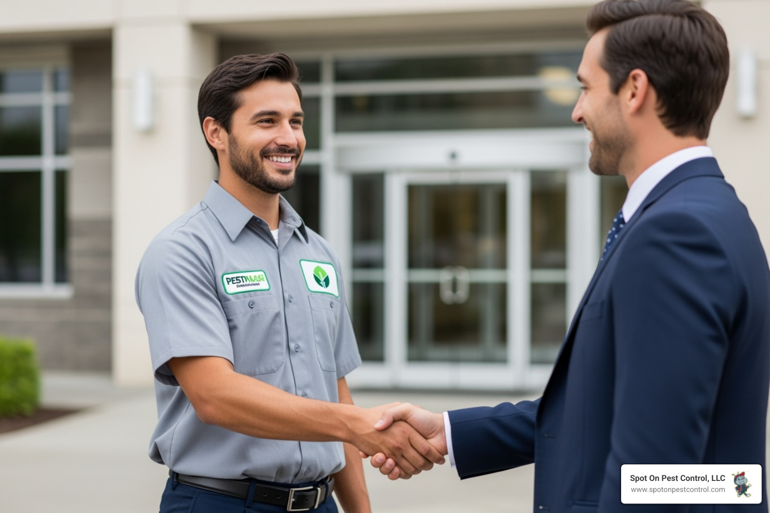 A friendly Spot On Pest Control technician shaking hands with a Lufkin business owner, symbolizing trust and partnership. - commercial mosquito control lufkin tx