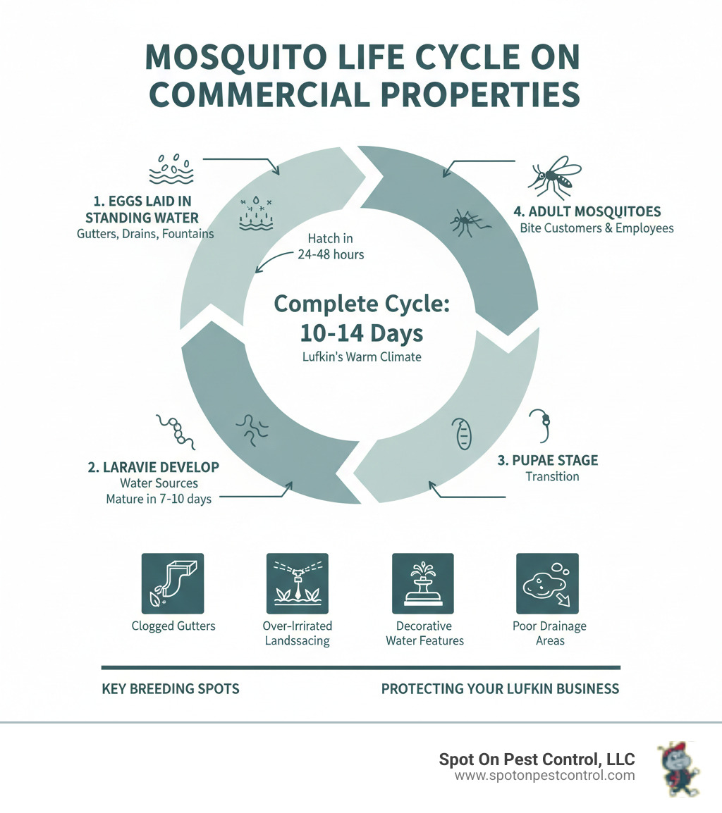 Infographic showing the mosquito life cycle on commercial properties: eggs laid in standing water (gutters, drainage areas, decorative fountains), larvae developing in water sources, pupae stage, and adult mosquitoes emerging to bite customers and employees. Highlights key breeding spots including clogged gutters, over-irrigated landscaping, decorative water features, and poor drainage areas. Shows timeline: eggs hatch in 24-48 hours, larvae mature in 7-10 days, complete lifecycle in 10-14 days in Lufkin's warm climate. - commercial mosquito control lufkin tx infographic 