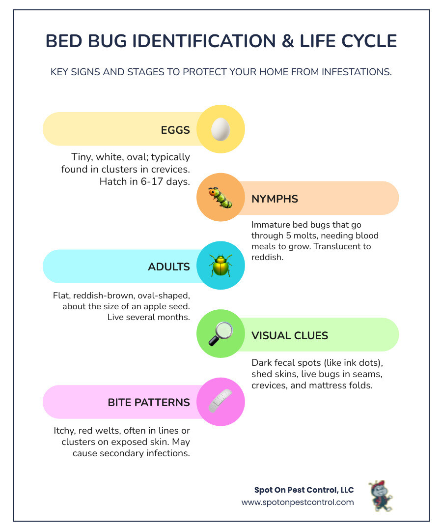 Infographic showing the bed bug identification process: visual signs like rust-colored spots and shed skins, bite patterns appearing as red welts in lines or clusters, common hiding spots including mattress seams and bed frames, and the complete life cycle from egg to adult bed bug - bed bug exterminator crockett tx infographic infographic-line-5-steps-colors Infographic showing the bed bug identification process: visual signs like rust-colored spots and shed skins, bite patterns appearing as red welts in lines or clusters, common hiding spots including mattress seams and bed frames, and the complete life cycle from egg to adult bed bug - bed bug exterminator crockett tx infographic infographic-line-5-steps-colors