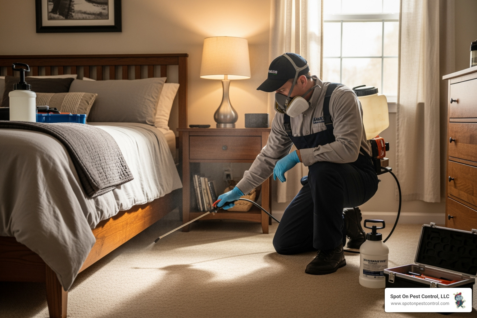 a pest control technician treating a bedroom - bed bug exterminator crockett tx a pest control technician treating a bedroom - bed bug exterminator crockett tx