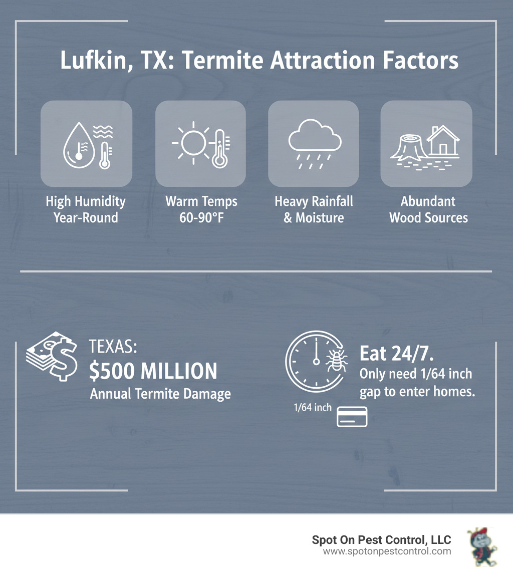 Infographic showing Lufkin's climate factors that attract termites: high humidity levels year-round, warm temperatures averaging 60-90°F, heavy rainfall creating moisture around foundations, and abundant wood sources from structures and landscaping. Includes statistics showing $500 million annual termite damage in Texas and that termites eat 24/7 requiring only 1/64 inch gaps to enter homes - termite inspection lufkin tx infographic Infographic showing Lufkin's climate factors that attract termites: high humidity levels year-round, warm temperatures averaging 60-90°F, heavy rainfall creating moisture around foundations, and abundant wood sources from structures and landscaping. Includes statistics showing $500 million annual termite damage in Texas and that termites eat 24/7 requiring only 1/64 inch gaps to enter homes - termite inspection lufkin tx infographic