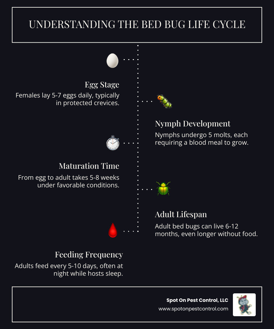 Infographic showing the bed bug life cycle from eggs to adult stages, highlighting why all life stages must be targeted during treatment. Shows 5-7 eggs laid per day per female, nymphs requiring blood meals to molt through 5 stages over 5-8 weeks, and adults living 6-12 months while feeding every 5-10 days - bed bug removal trinity tx infographic infographic-line-5-steps-dark Infographic showing the bed bug life cycle from eggs to adult stages, highlighting why all life stages must be targeted during treatment. Shows 5-7 eggs laid per day per female, nymphs requiring blood meals to molt through 5 stages over 5-8 weeks, and adults living 6-12 months while feeding every 5-10 days - bed bug removal trinity tx infographic infographic-line-5-steps-dark