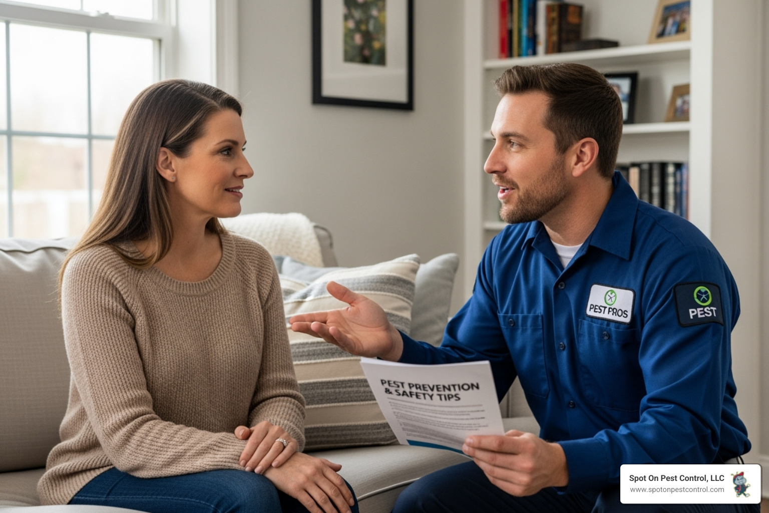 A pest control technician educating a homeowner about pest prevention and safety - giving back pest control A pest control technician educating a homeowner about pest prevention and safety - giving back pest control