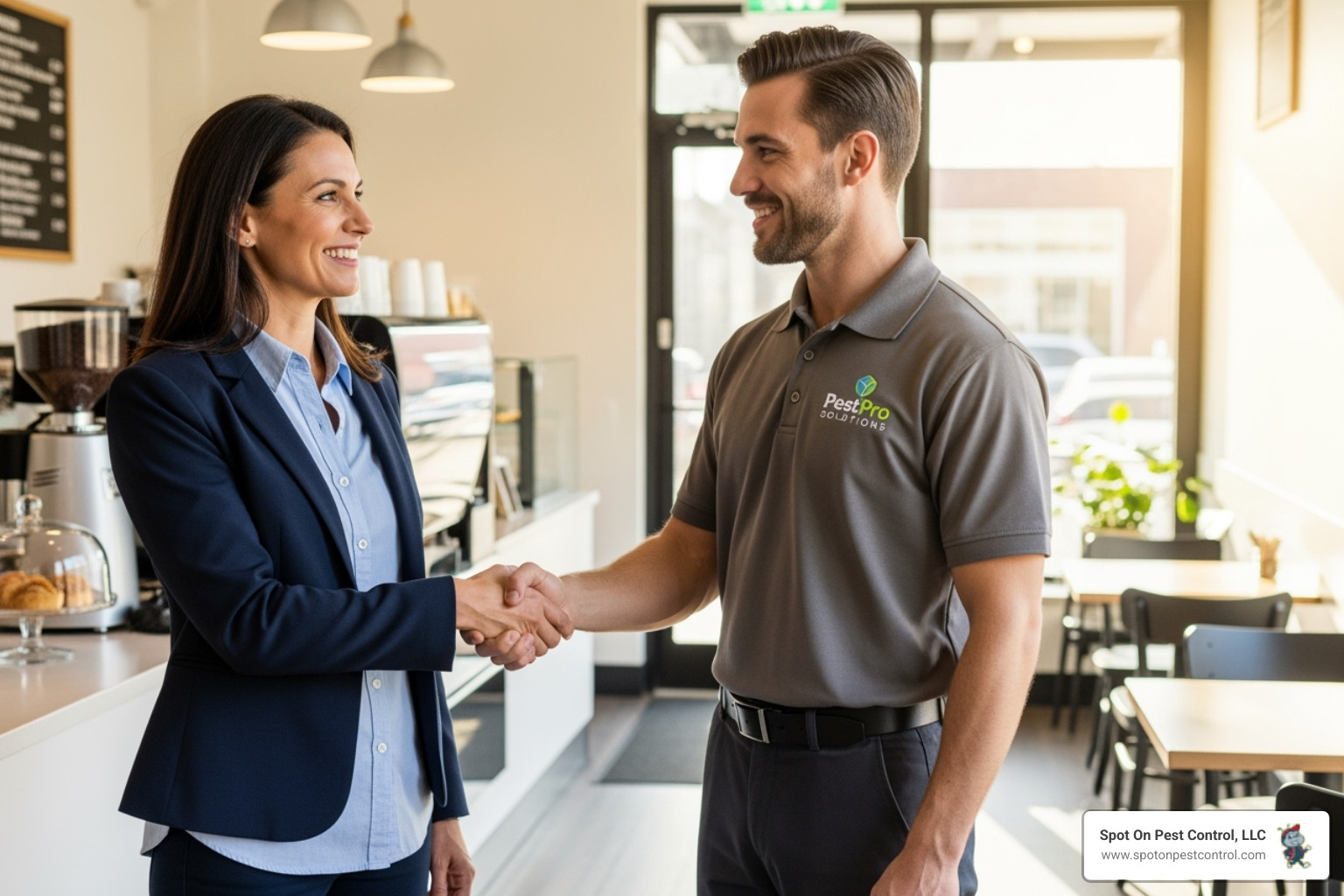 friendly handshake between a business owner and a pest control technician - commercial spider control lufkin tx