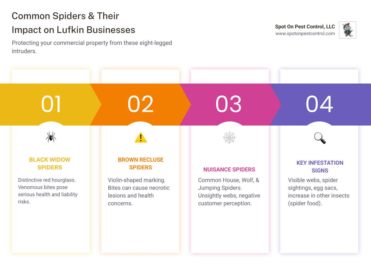 infographic showing common commercial spiders in lufkin tx including black widow with red hourglass marking, brown recluse with violin marking, common house spider, wolf spider, and jumping spider, along with key warning signs like visible webs in corners, spider sightings during business hours, egg sacs in storage areas, and increase in other insects - commercial spider control lufkin tx infographic pillar-4-steps