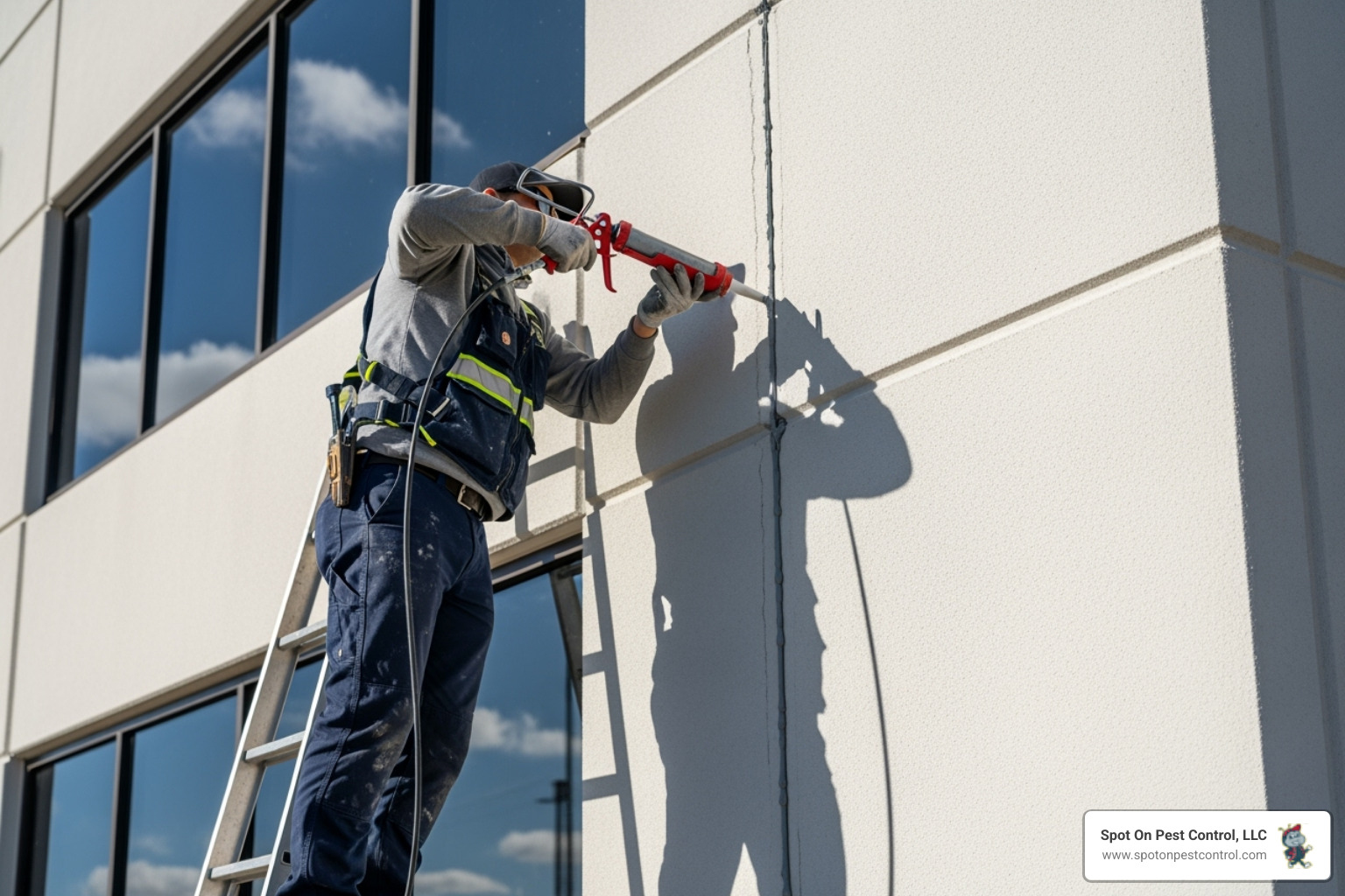 technician sealing a crack on the exterior of a commercial building - commercial spider control lufkin tx